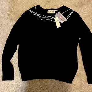 Field & Flower Anthropologie Black Faux Pearl Cashmere Cotton Sweater Top M